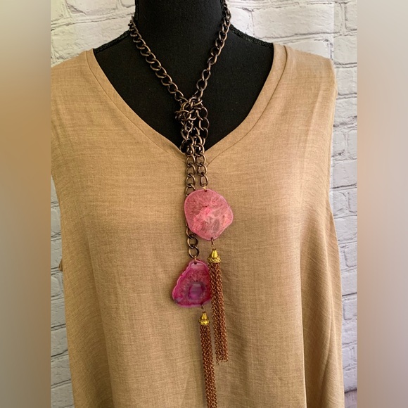 Dyed Orca Agate Slab Tassel Lariat Style Chunky Chain Vintage Necklace - Picture 4 of 7